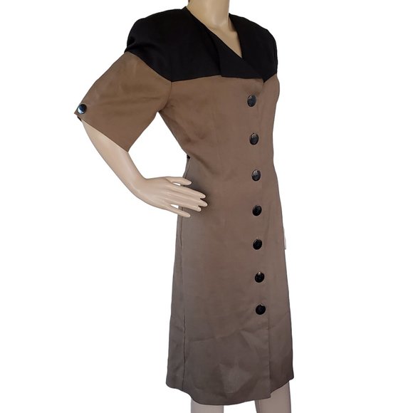 Vintage Midi Sheath Dress Women's 8 Button Front 40's Style V Neck Shoulder Pad - Picture 1 of 12